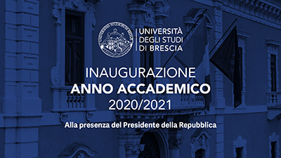 Inaugurazione dell'anno accademico 2020/2021, testo bianco su sfondo blu