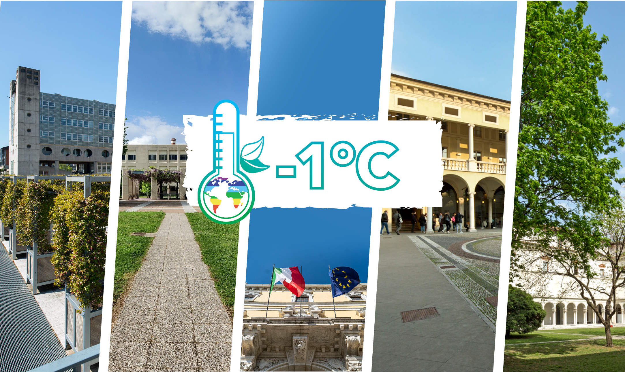 Fotografie delle sedi unibs, grafica termometro/pianeta/colori della pace, scritta "-1°C"