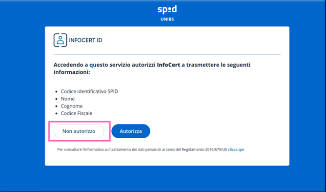 Pagina autorizzazione SPID