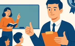 Immagine stilizzata di un'aula con docente e allievi