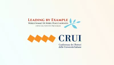 Logo del progetto Leading By Example del World Summit of Nobel Peace Laureates e logo della Conferenza dei Rettori delle Università Italiane
