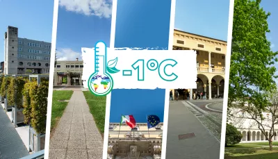 Fotografie delle sedi unibs, grafica termometro/pianeta/colori della pace, scritta "-1°C"
