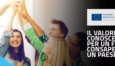 Tre giovani con mani unite e la scritta il valore della conoscenza per un futuro consapevole per un paese capace