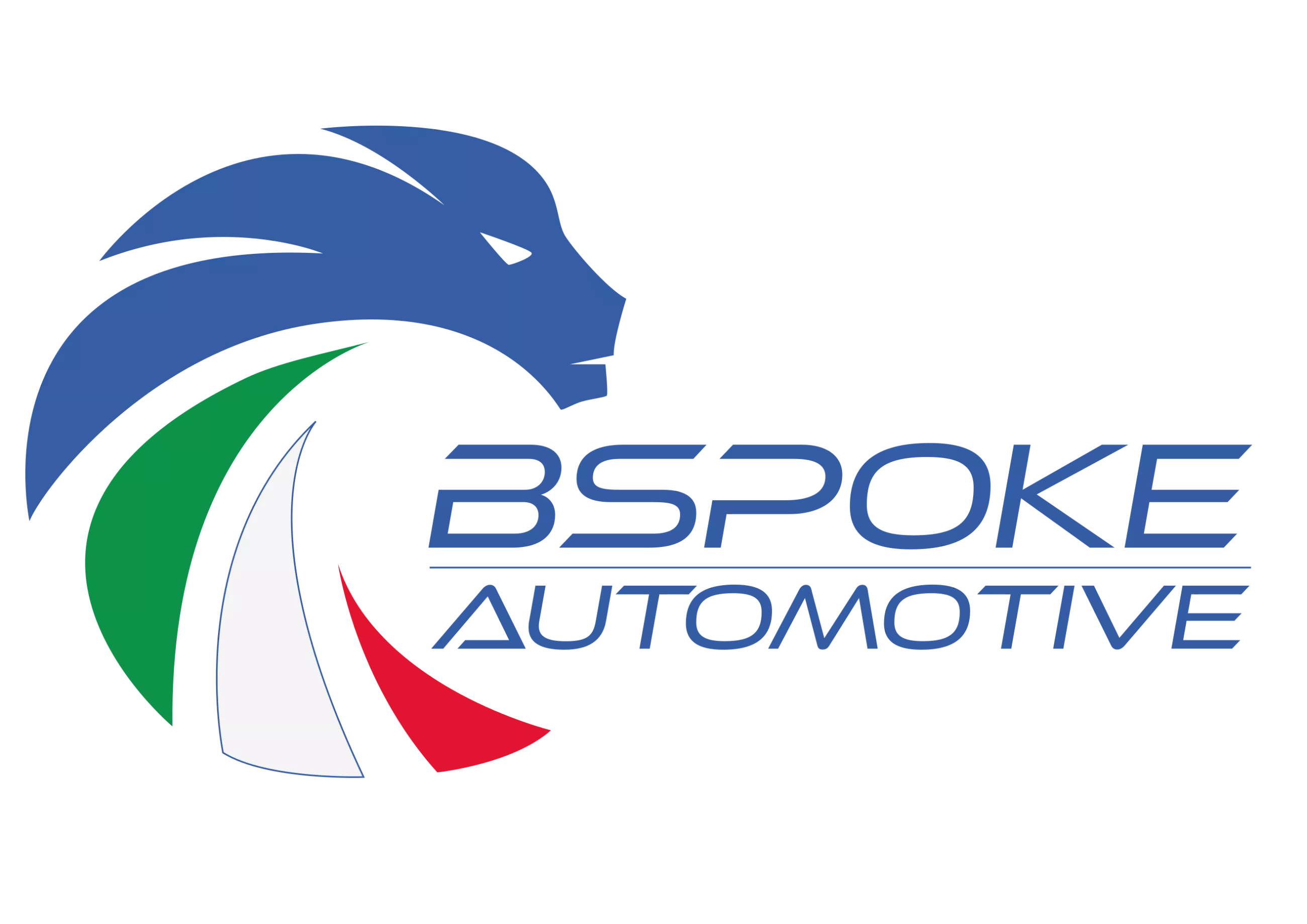 leone stilizzato con criniera colorata come la bandiera italiana e scritta BSPOKE Automotive al centro