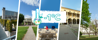 Fotografie delle sedi unibs, grafica termometro/pianeta/colori della pace, scritta "-1°C"